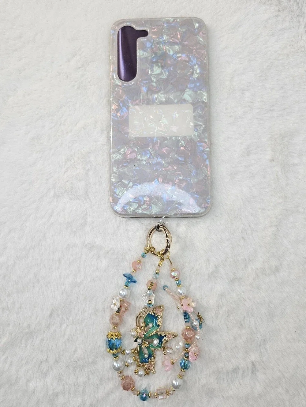 Gold Butterfly Phone Charm with Blue and Pink Beads
